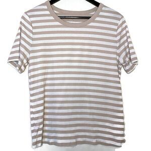 Ribbed Tan & White Striped Short Sleeve Shirt